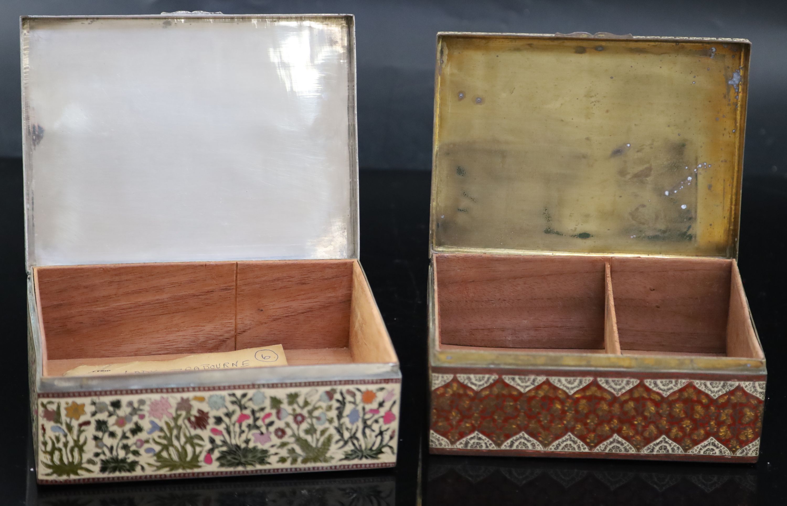 Two late 19th century Indian polychrome champleve enamelled cigar boxes, 22cm and 20cm